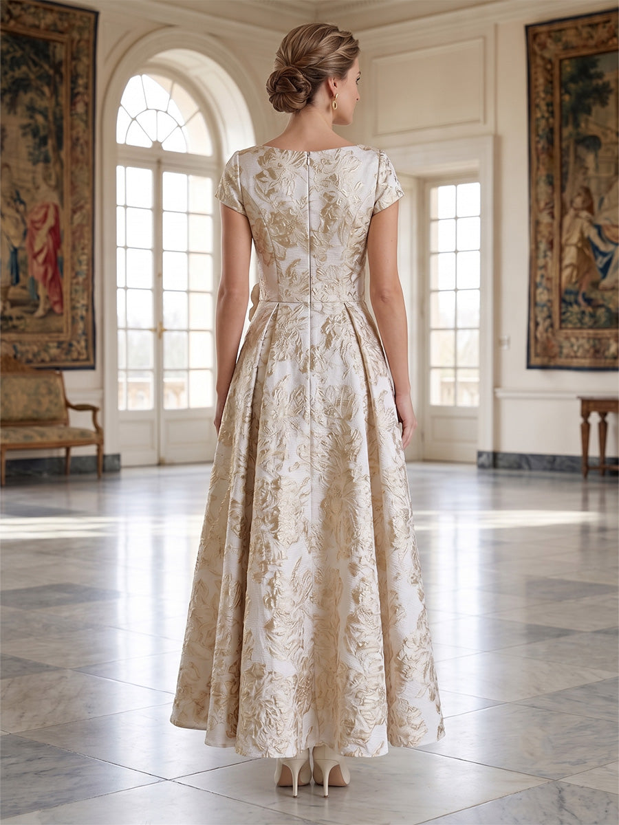 A-Line/Princess Scoop Jacquard Mother of the Bride Dresses with 3D Flower Floral Short Sleeves Ankle-Length