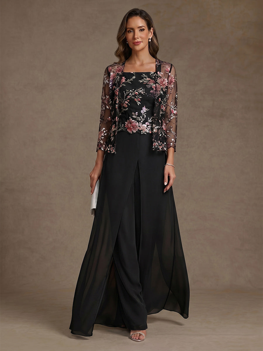 3 Pieces Suit Square Collar Chiffon Mother of the Bride Pantsuits with Jacket Overskirt Floral Sequins Ankle-Length 3/4 Sleeves