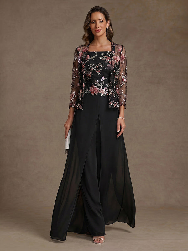3 Pieces Suit Square Collar Chiffon Mother of the Bride Pantsuits with Jacket Overskirt Floral Sequins Ankle-Length 3/4 Sleeves