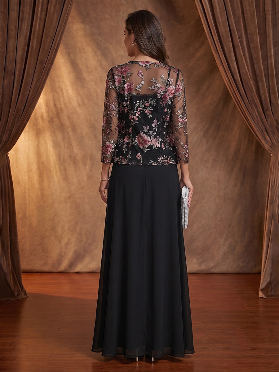 3 Pieces Suit Square Collar Chiffon Mother of the Bride Pantsuits with Jacket Overskirt Floral Sequins Ankle-Length 3/4 Sleeves