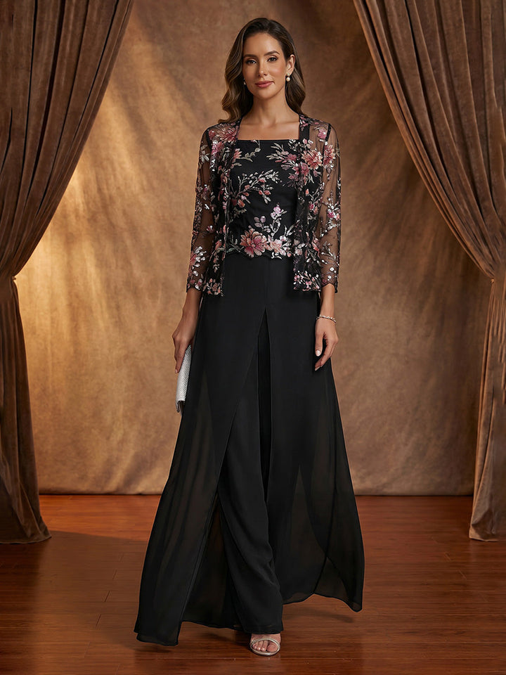 3 Pieces Suit Square Collar Chiffon Mother of the Bride Pantsuits with Jacket Overskirt Floral Sequins Ankle-Length 3/4 Sleeves