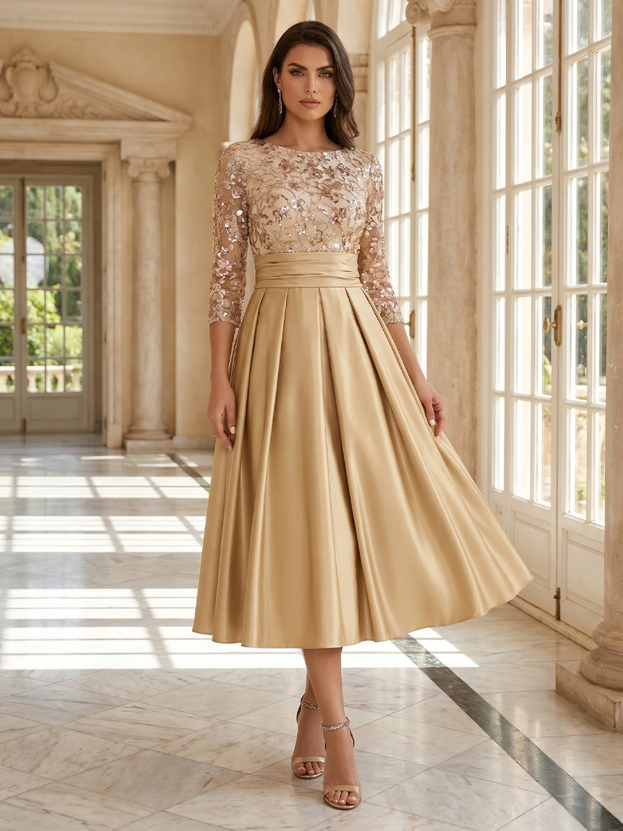 A-Line/Princess Scoop Satin Mother of the Bride Dresses Sequins Floral 3/4 Sleeves Tea-Length