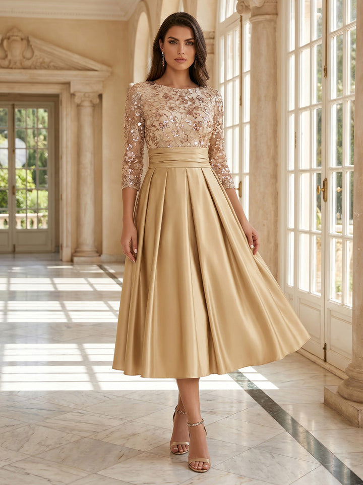 A-Line/Princess Scoop Satin Mother of the Bride Dresses Sequins Floral 3/4 Sleeves Tea-Length
