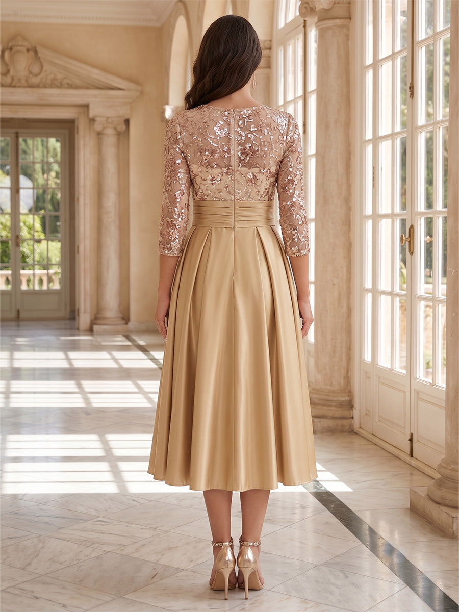 A-Line/Princess Scoop Satin Mother of the Bride Dresses Sequins Floral 3/4 Sleeves Tea-Length