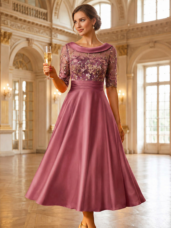 A-Line/Princess Scoop Satin Mother of the Bride Dresses Lace Floral Half Sleeves Tea-Length