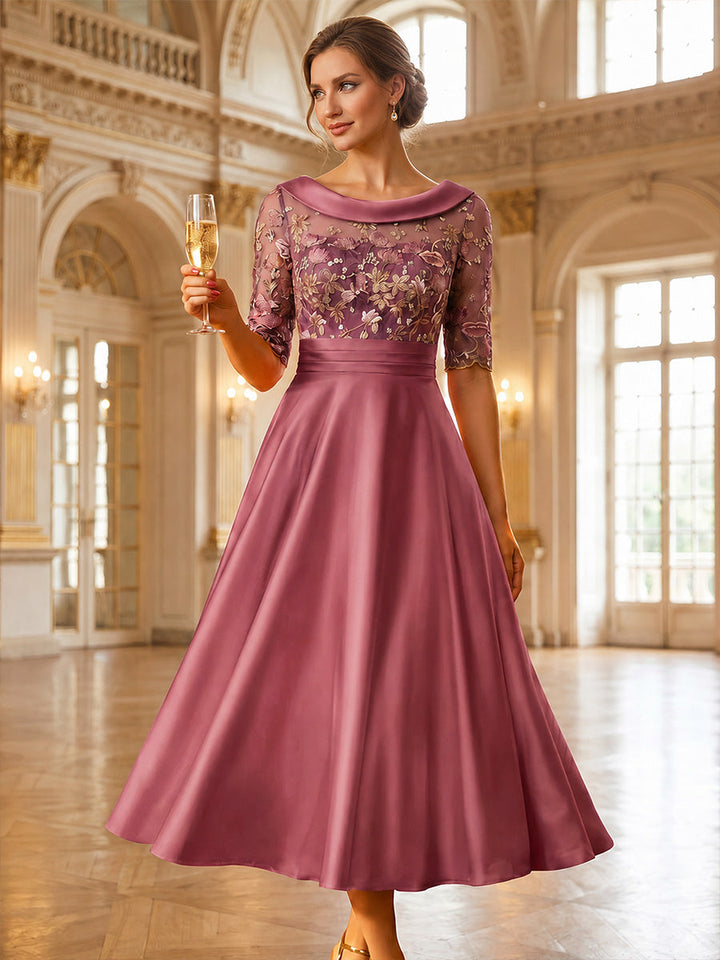 A-Line/Princess Scoop Satin Mother of the Bride Dresses Lace Floral Half Sleeves Tea-Length