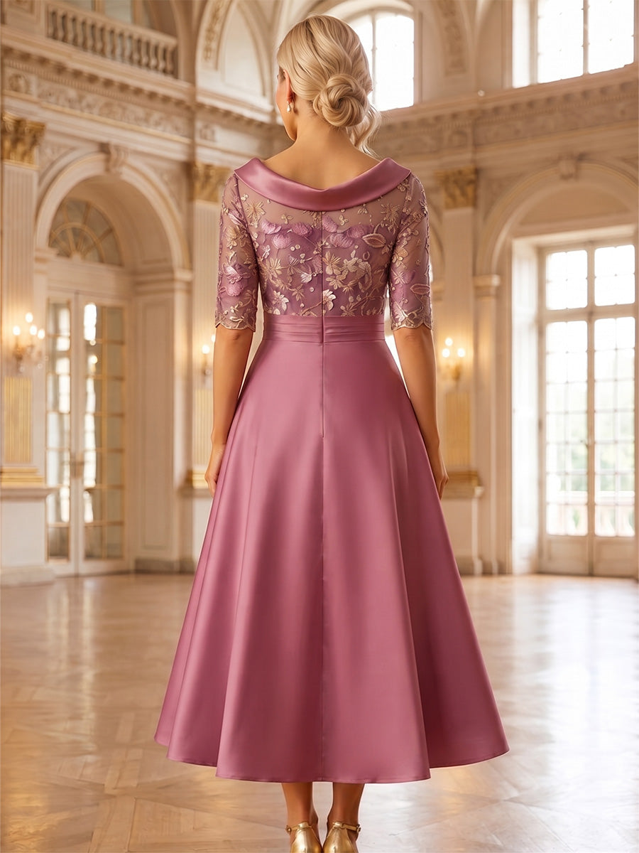 A-Line/Princess Scoop Satin Mother of the Bride Dresses Lace Floral Half Sleeves Tea-Length