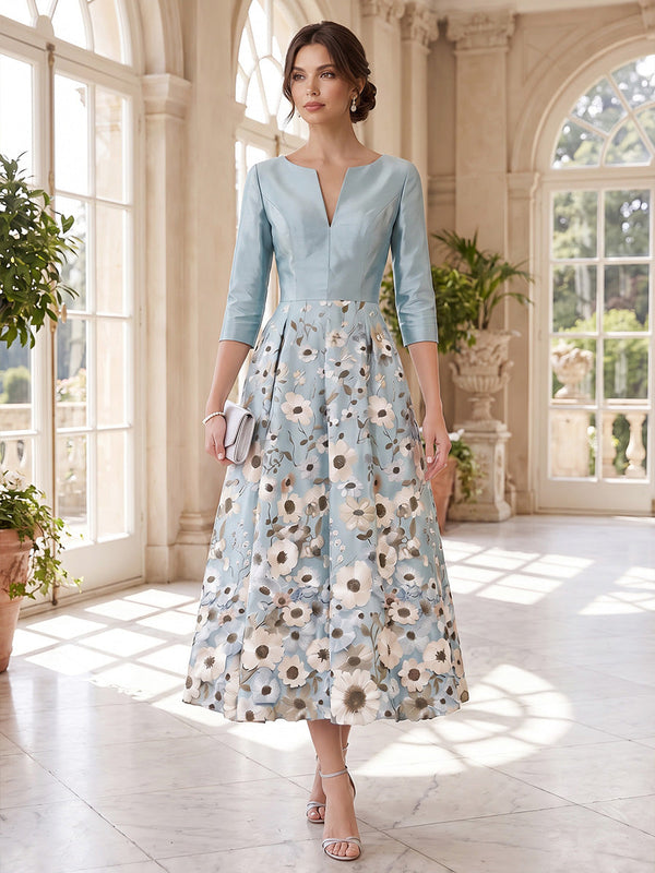 A-Line/Princess V-Neck Satin Mother of the Bride Dresses Lace Floral 3/4 Sleeves Tea-Length