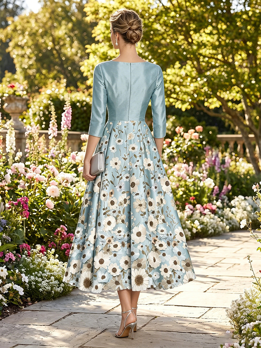 A-Line/Princess V-Neck Satin Mother of the Bride Dresses Lace Floral 3/4 Sleeves Tea-Length