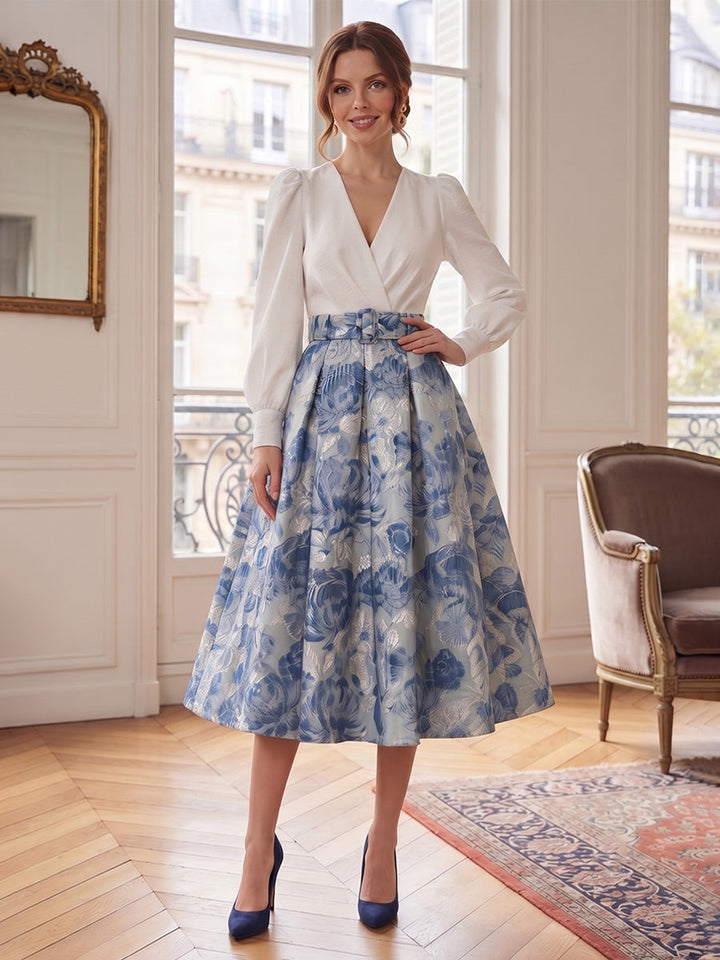 A-Line/Princess V-Neck Jacquard Mother of the Bride Dresses Floral Long Sleeves Tea-Length Belt
