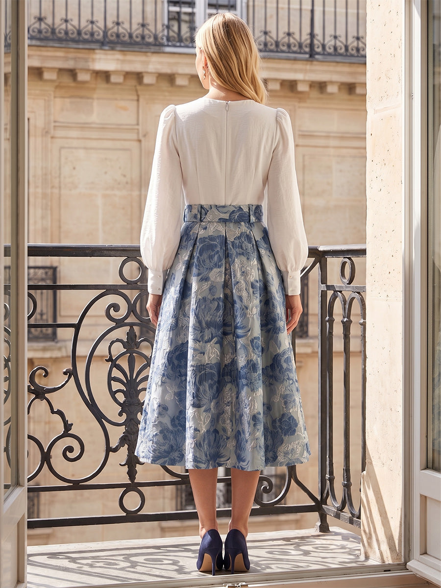 A-Line/Princess V-Neck Jacquard Mother of the Bride Dresses Floral Long Sleeves Tea-Length Belt