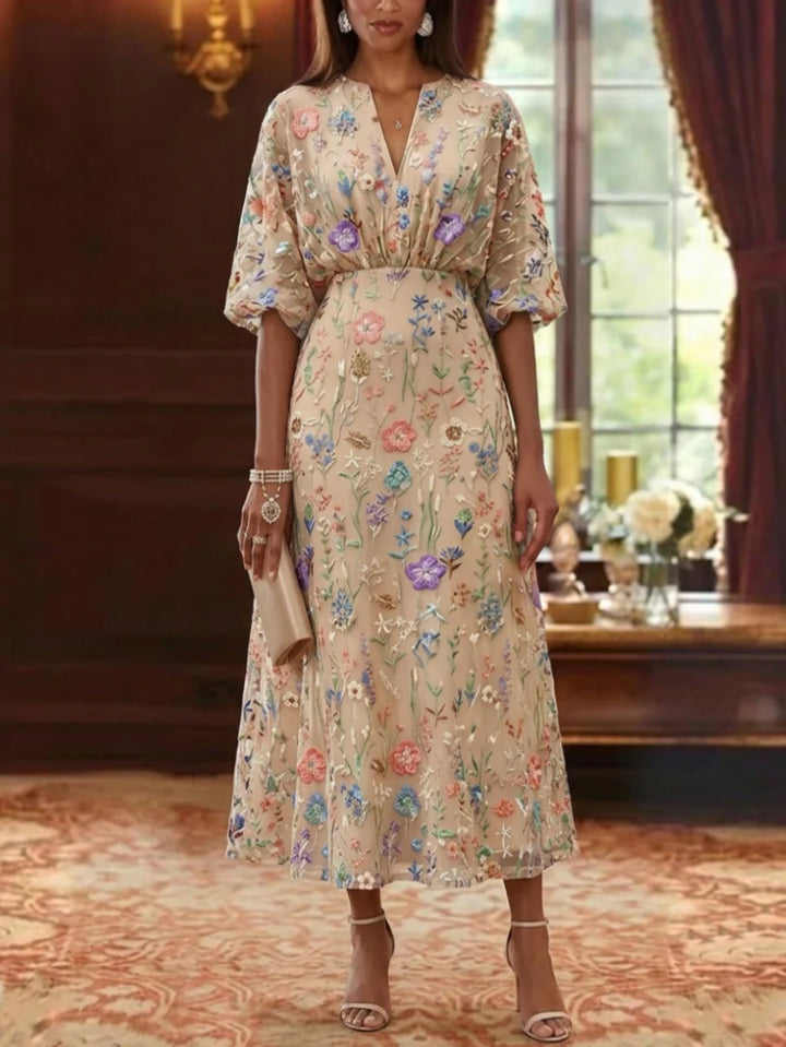 A-Line/Princess V-Neck Lace Embroidery Mother of the Bride Dresses Floral Tea-Length Half Puff Sleeves