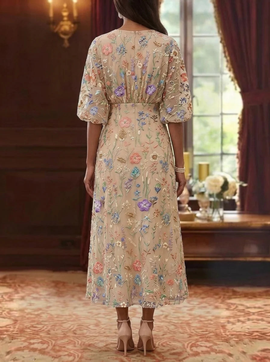 A-Line/Princess V-Neck Lace Embroidery Mother of the Bride Dresses Floral Tea-Length Half Puff Sleeves