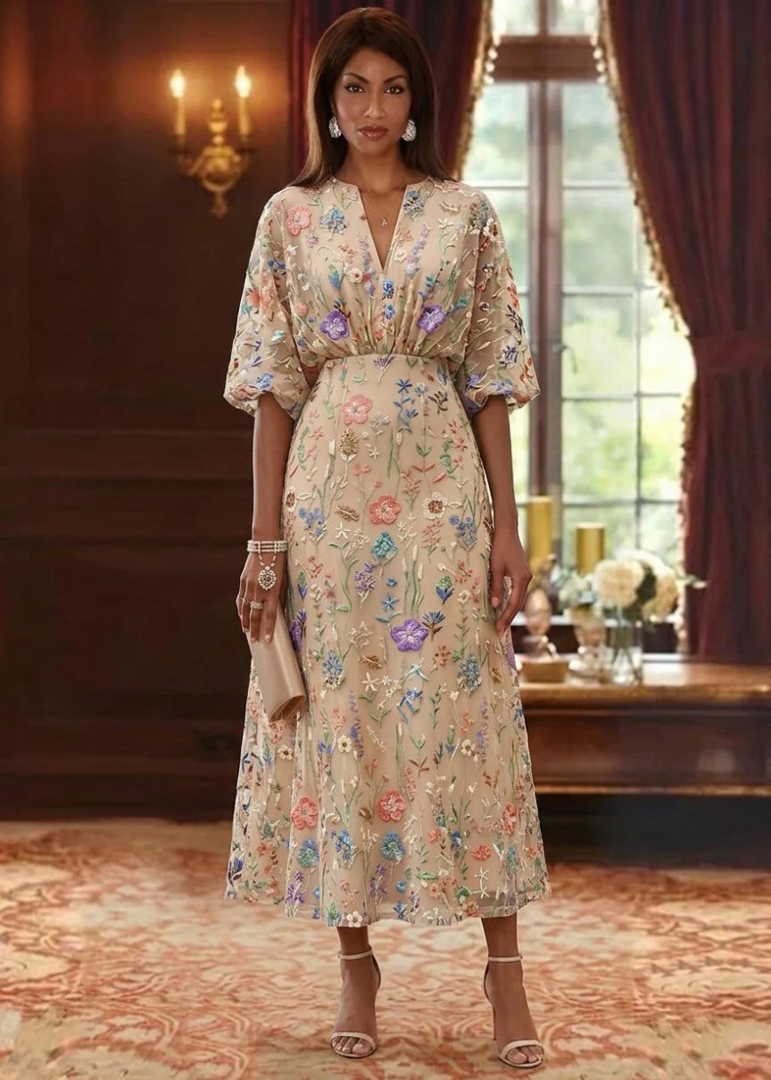 A-Line/Princess V-Neck Lace Embroidery Mother of the Bride Dresses Floral Tea-Length Half Puff Sleeves