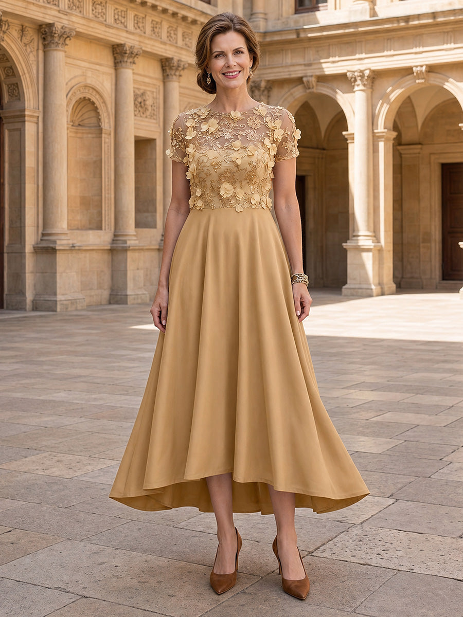 A-Line/Princess Scoop Satin Mother of the Bride Dresses Floral Sequins Short Sleeves Tea-Length