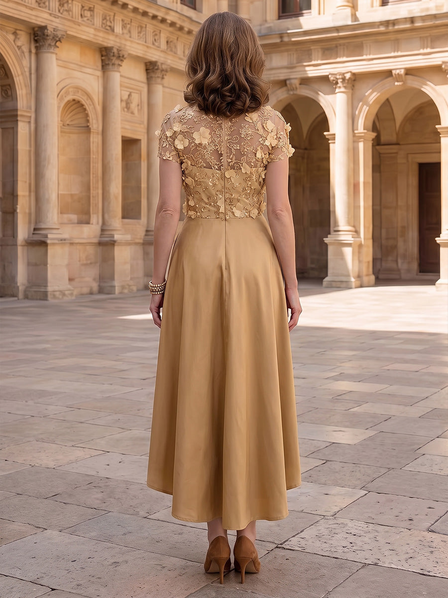 A-Line/Princess Scoop Satin Mother of the Bride Dresses Floral Sequins Short Sleeves Tea-Length