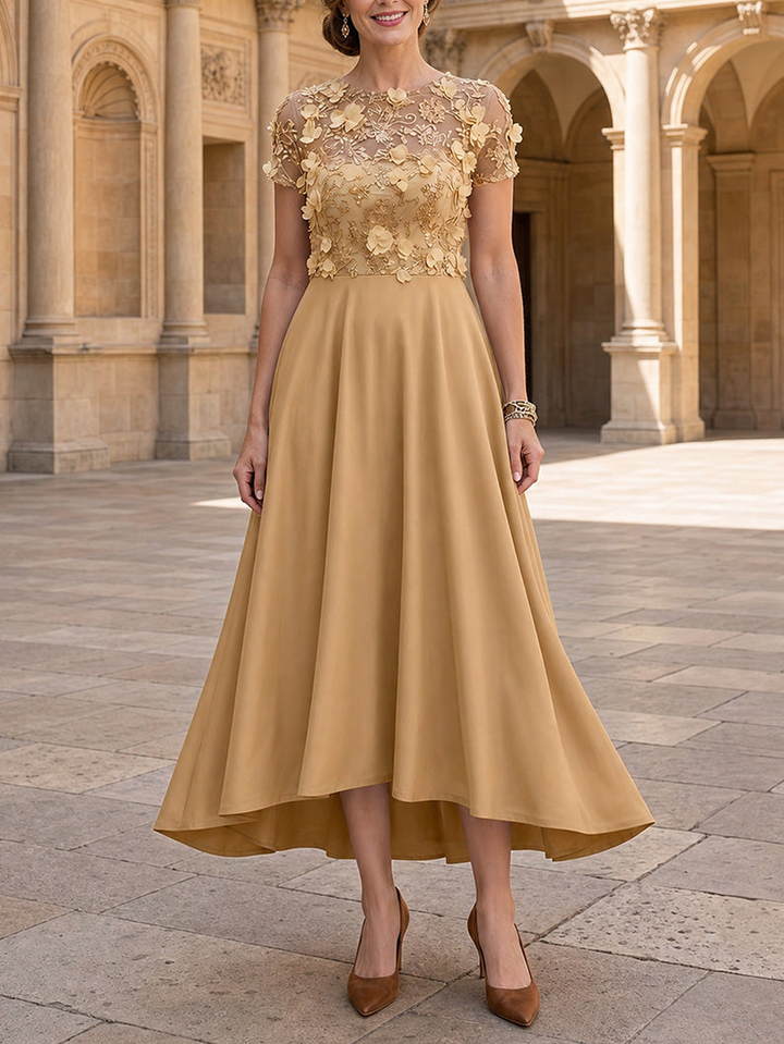 A-Line/Princess Scoop Satin Mother of the Bride Dresses Floral Sequins Short Sleeves Tea-Length