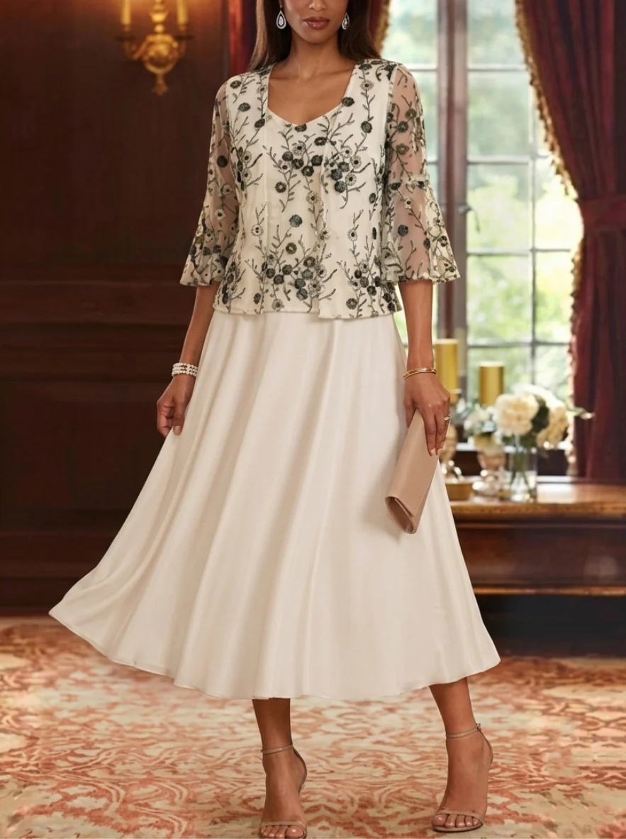 A-Line/Princess V-Neck Mother of the Bride Dresses with Jacket  Floral Lace Embroidery Tea-Length 3/4 Sleeves