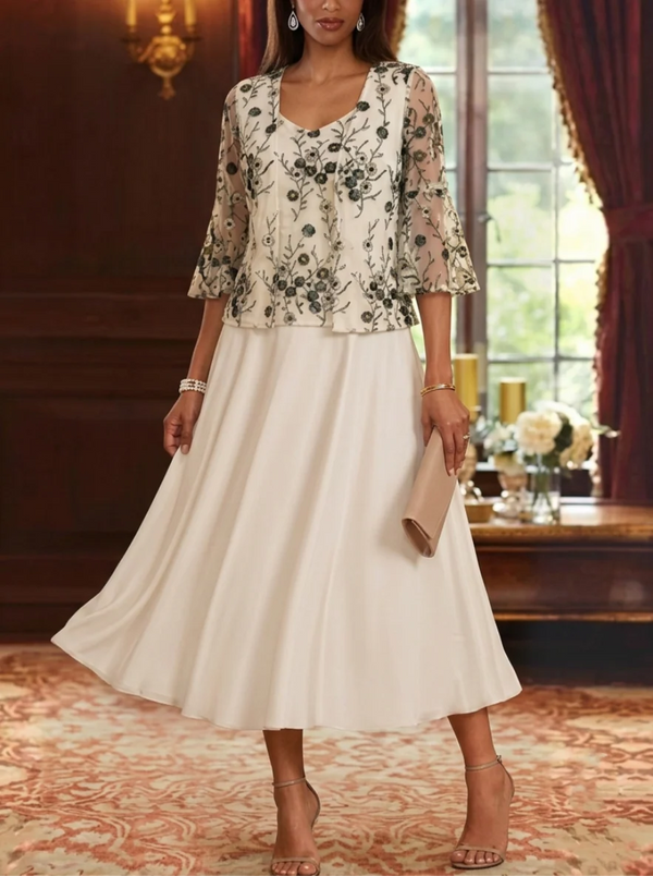 A-Line/Princess V-Neck Mother of the Bride Dresses with Jacket  Floral Lace Embroidery Tea-Length 3/4 Sleeves