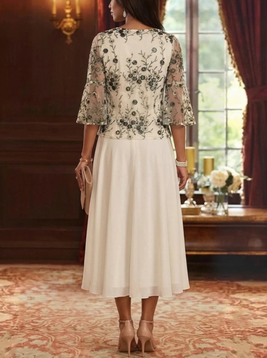 A-Line/Princess V-Neck Mother of the Bride Dresses with Jacket  Floral Lace Embroidery Tea-Length 3/4 Sleeves