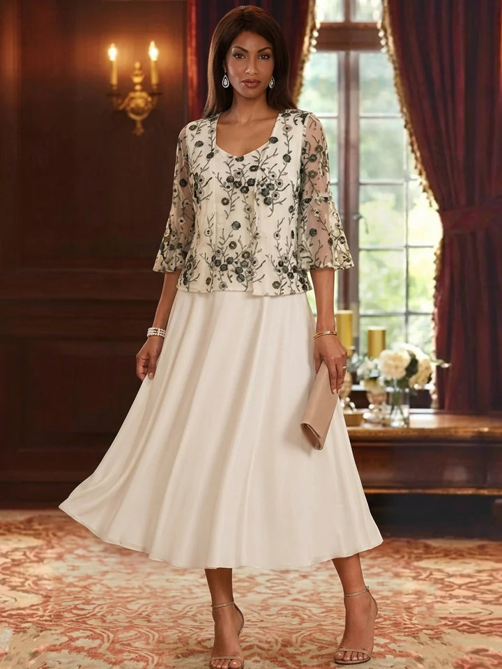 A-Line/Princess V-Neck Mother of the Bride Dresses with Jacket  Floral Lace Embroidery Tea-Length 3/4 Sleeves