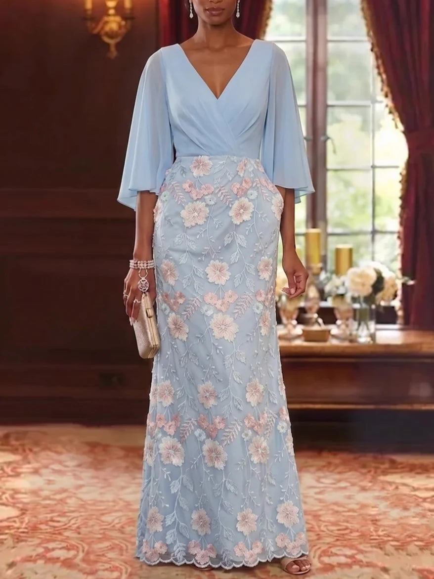 Sheath/Column V-Neck Chiffon Mother of the Bride Dresses Floral Lace Embroidery Floor-Length 3/4 Sleeves