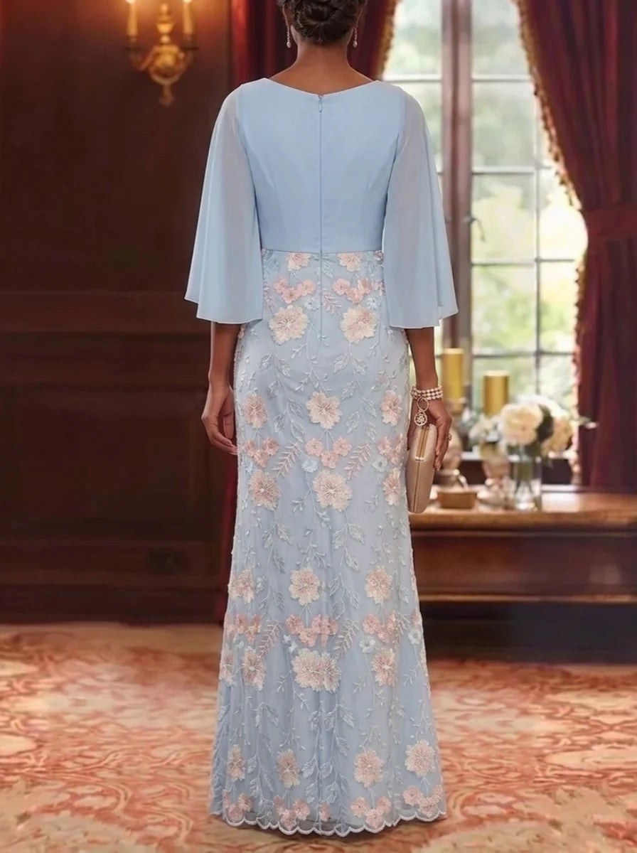 Sheath/Column V-Neck Chiffon Mother of the Bride Dresses Floral Lace Embroidery Floor-Length 3/4 Sleeves
