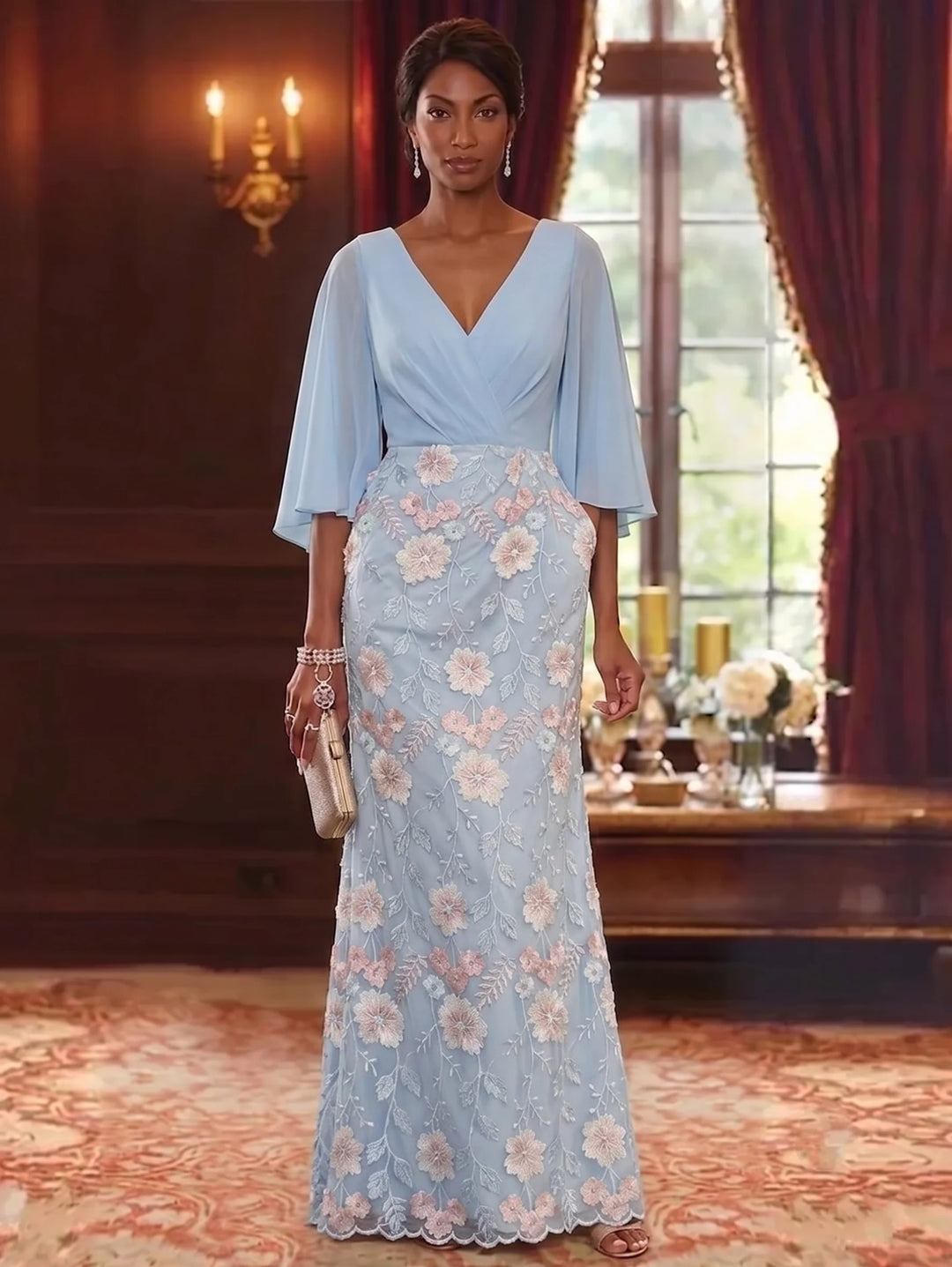 Sheath/Column V-Neck Chiffon Mother of the Bride Dresses Floral Lace Embroidery Floor-Length 3/4 Sleeves