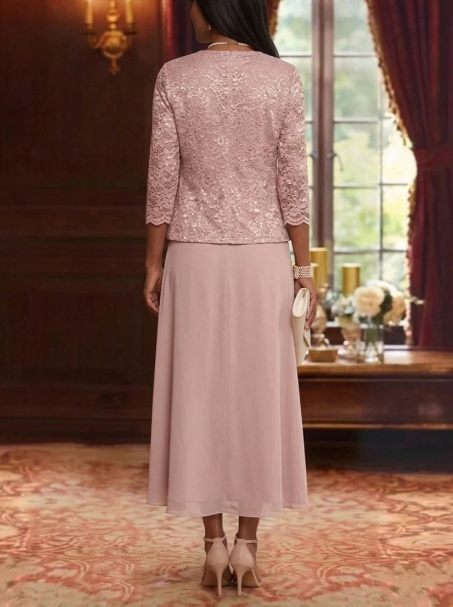 A-Line/Princess Scoop Chiffon Mother of the Bride Dresses with Jacket Floral Lace Tea-Length 3/4 Sleeves