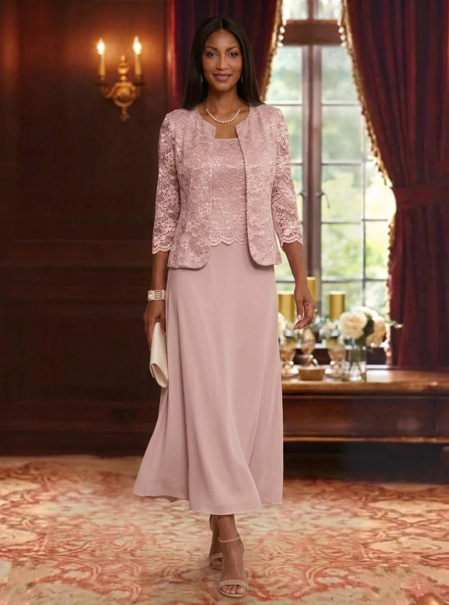 A-Line/Princess Scoop Chiffon Mother of the Bride Dresses with Jacket Floral Lace Tea-Length 3/4 Sleeves