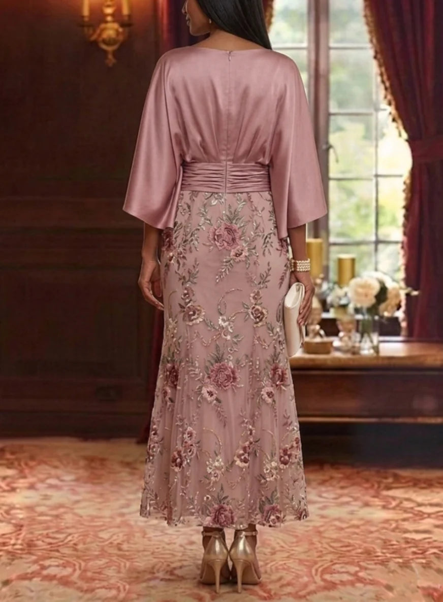 Trumpet/Mermaid Boat Neck Silk Satin Mother of the Bride Dresses Floral Lace Embroidery Ankle-Length 3/4 Sleeves