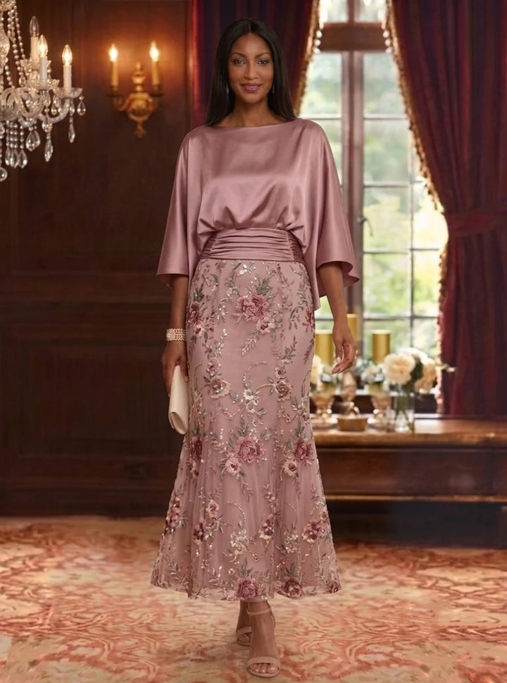 Trumpet/Mermaid Boat Neck Silk Satin Mother of the Bride Dresses Floral Lace Embroidery Ankle-Length 3/4 Sleeves