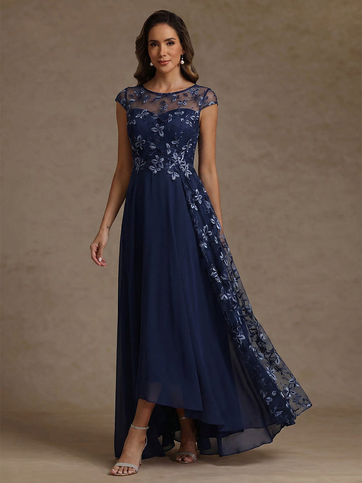A-Line/Princess Scoop Chiffon Mother of the Bride Dress Floral Ankle-Length Short Sleeves