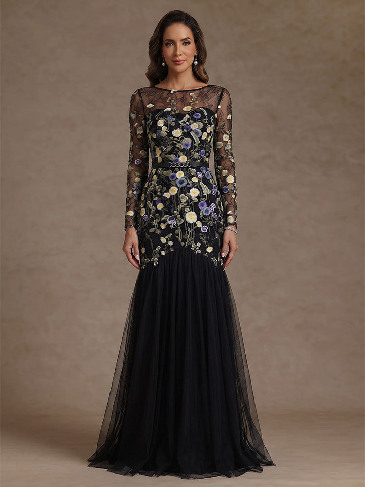 Trumpet/Mermaid Scoop Lace Embroidery Mother of the Bride Dress Floral Floor-Length Long Sleeves