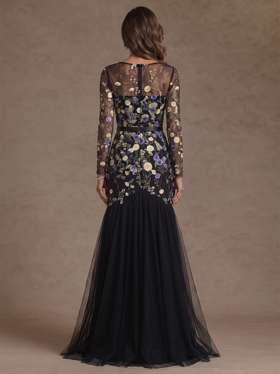 Trumpet/Mermaid Scoop Lace Embroidery Mother of the Bride Dress Floral Floor-Length Long Sleeves