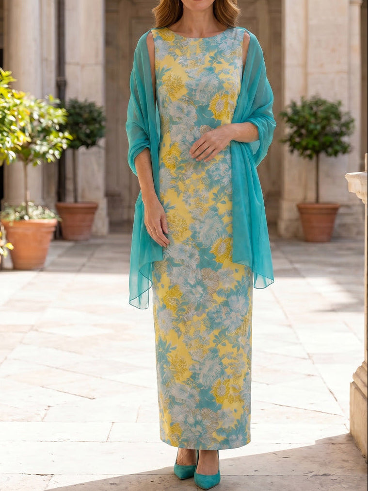 Sheath/Column Scoop Floral Mother of the Bride Dresses Ankle-Length Sleeveless with Chiffon Wrap
