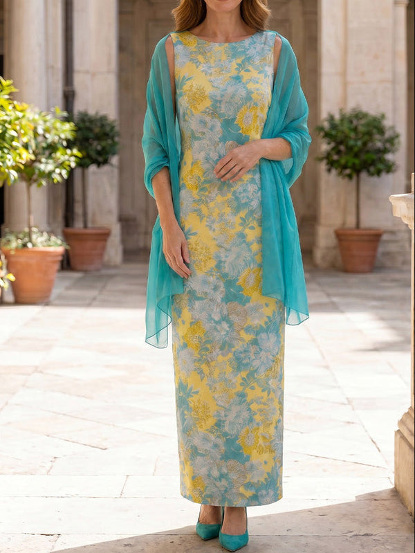 Sheath/Column Scoop Floral Mother of the Bride Dresses Ankle-Length Sleeveless with Chiffon Wrap