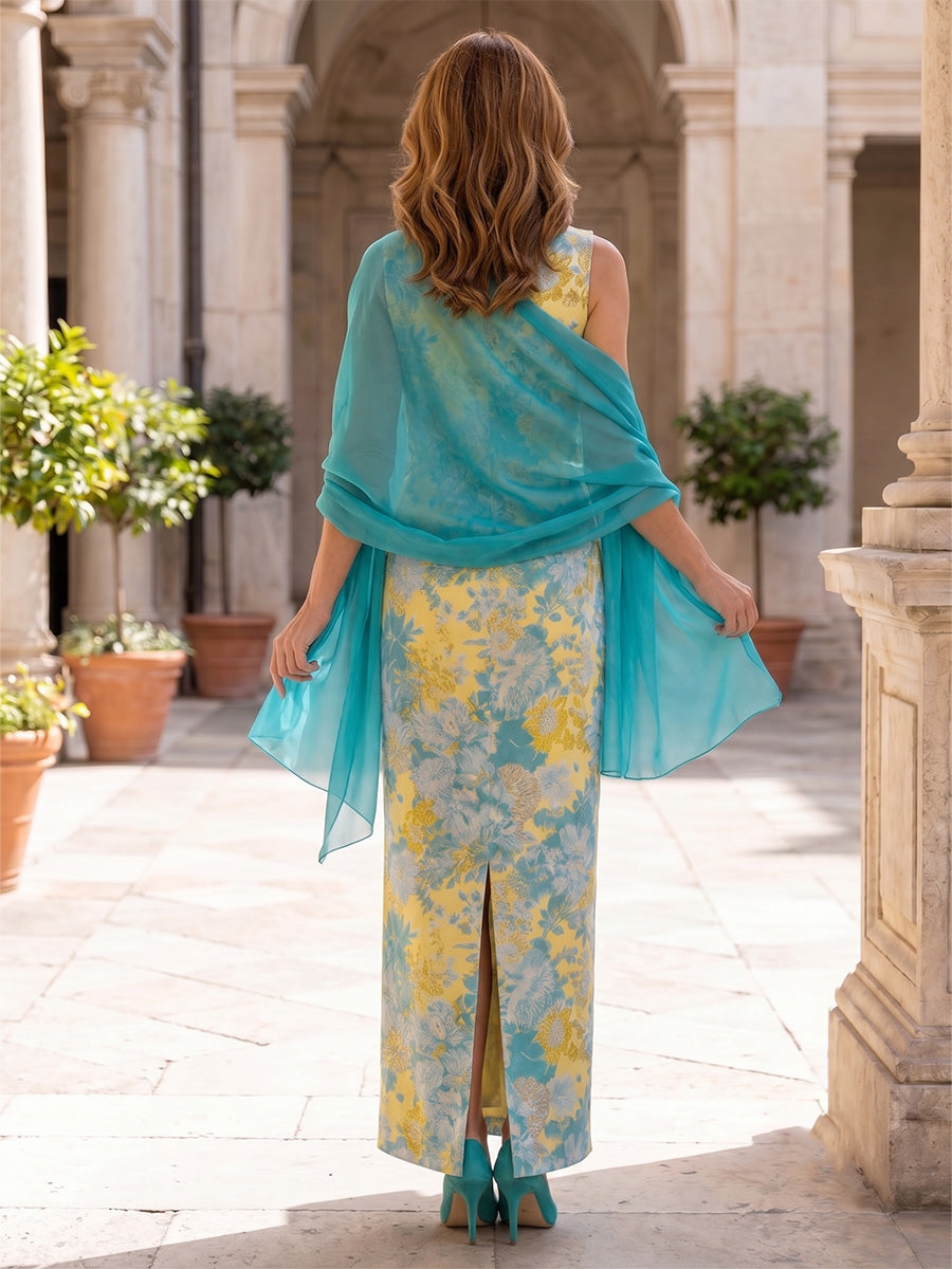 Sheath/Column Scoop Floral Mother of the Bride Dresses Ankle-Length Sleeveless with Chiffon Wrap