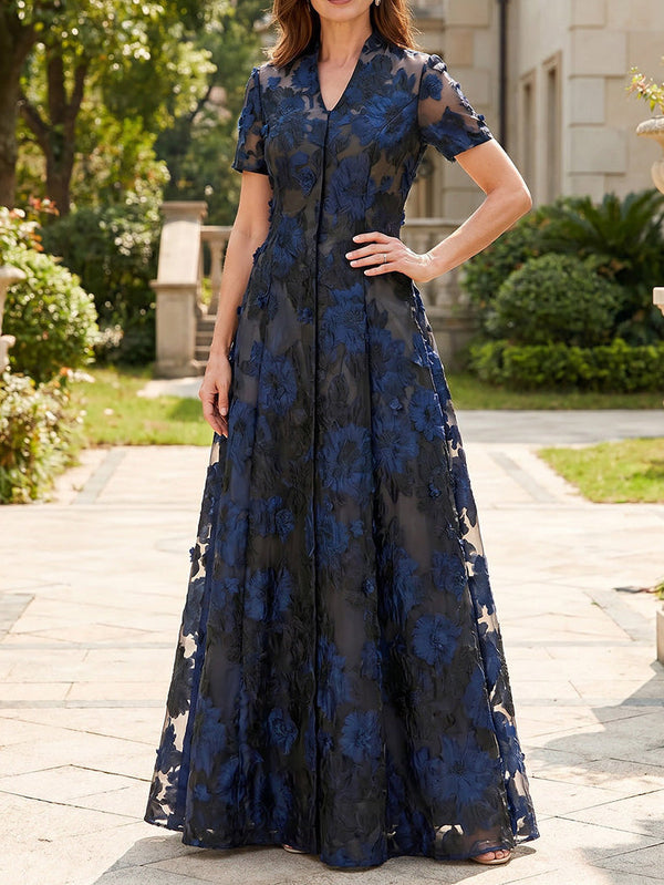 A-Line/Princess V-Neck Lace Embroidery Mother of the Bride Dresses Floor-Length Short Sleeves