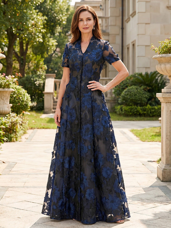 A-Line/Princess V-Neck Lace Embroidery Mother of the Bride Dresses Floor-Length Short Sleeves