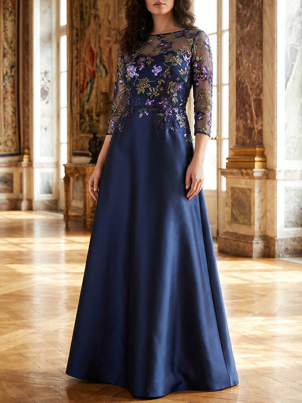 A-Line/Princess Scoop Satin Mother of the Bride Dresses Floor-Length 3/4 Sleeves Lace Embroidery