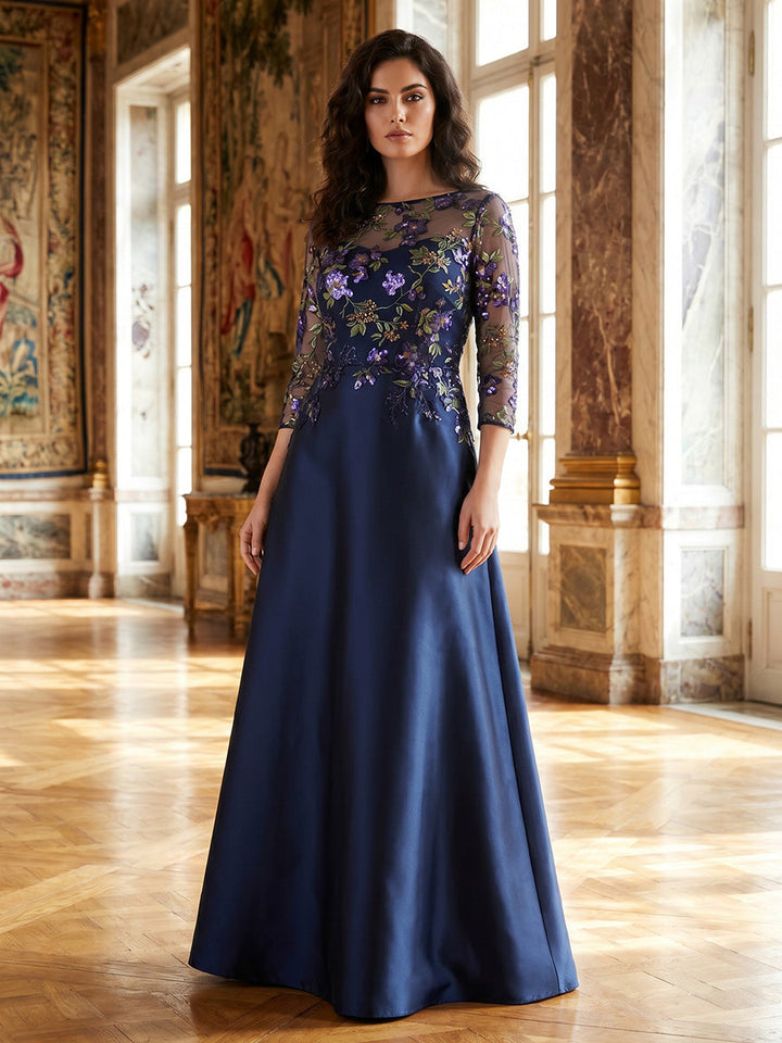 A-Line/Princess Scoop Satin Mother of the Bride Dresses Floor-Length 3/4 Sleeves Lace Embroidery