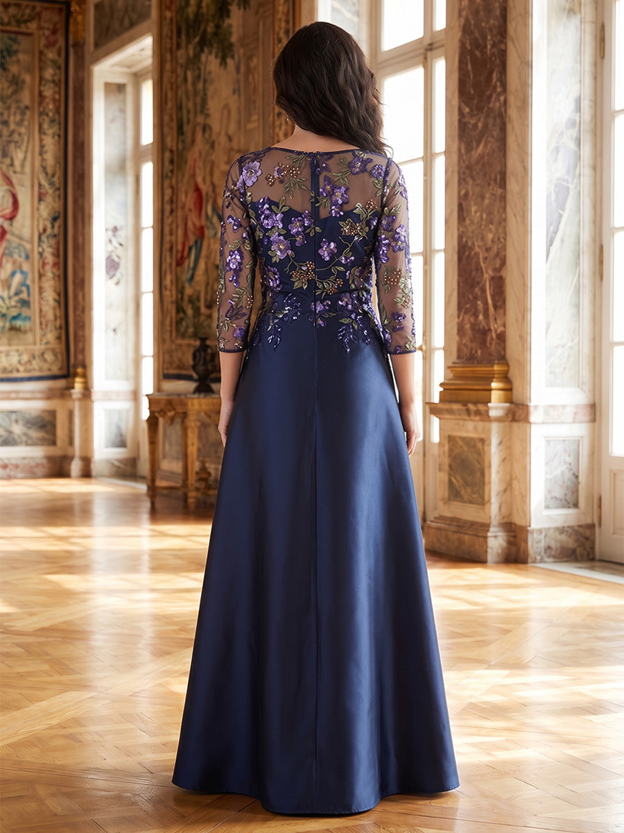 A-Line/Princess Scoop Satin Mother of the Bride Dresses Floor-Length 3/4 Sleeves Lace Embroidery