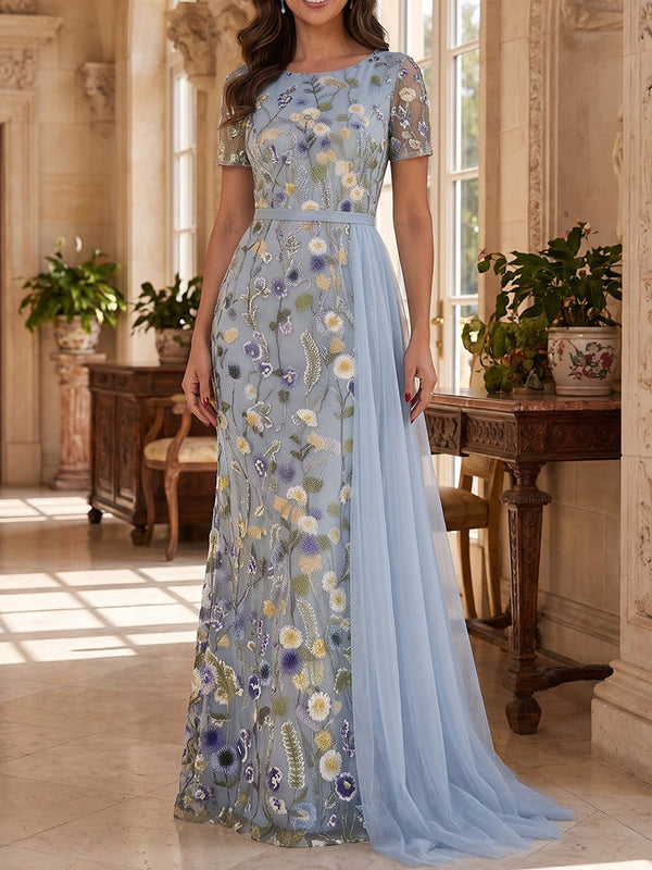 Sheath/Column Scoop Lace Embroidery Mother of the Bride Dresses Floral Floor-Length Short Sleeves