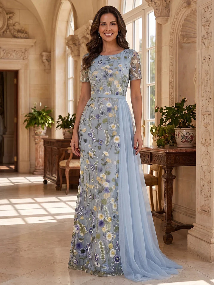 Sheath/Column Scoop Lace Embroidery Mother of the Bride Dresses Floral Floor-Length Short Sleeves