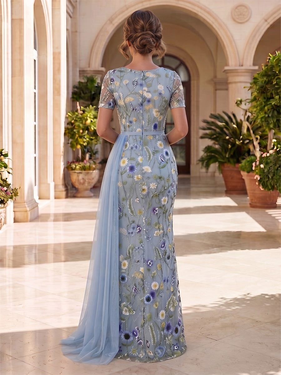 Sheath/Column Scoop Lace Embroidery Mother of the Bride Dresses Floral Floor-Length Short Sleeves
