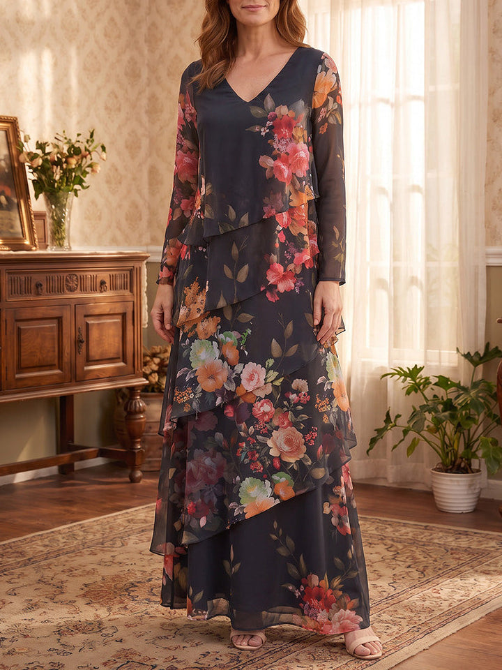 A-Line/Princess V-Neck Floral Chiffon Mother of the Bride Dresses Floor-Length Long Sleeves