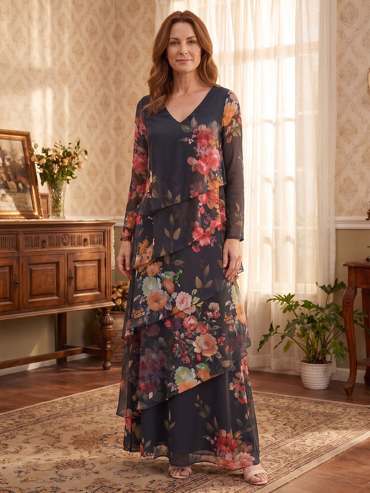A-Line/Princess V-Neck Floral Chiffon Mother of the Bride Dresses Floor-Length Long Sleeves