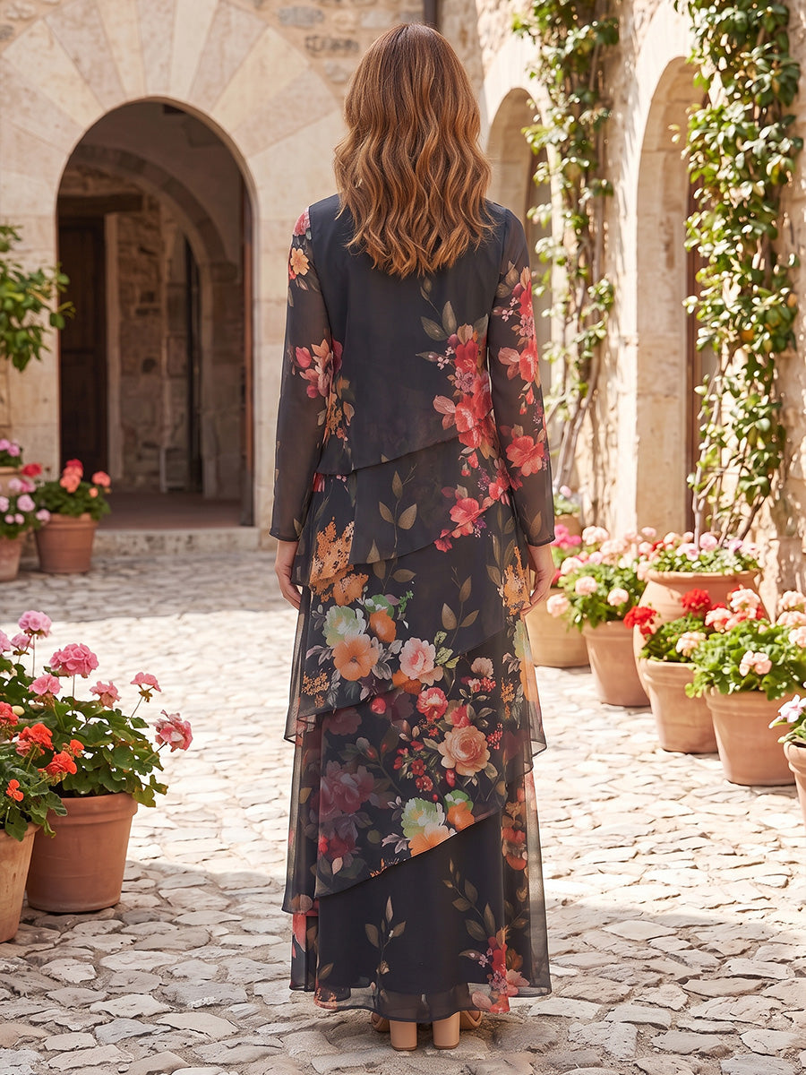 A-Line/Princess V-Neck Floral Chiffon Mother of the Bride Dresses Floor-Length Long Sleeves
