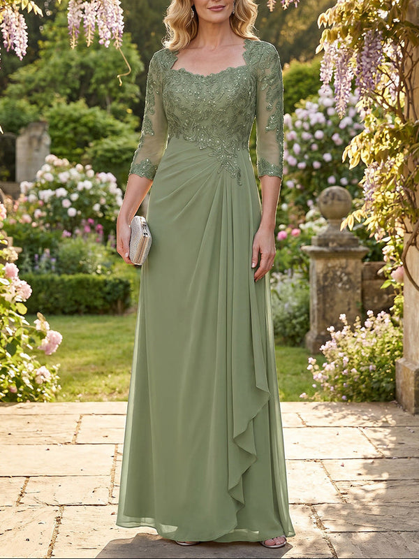 A-Line/Princess Square Neck Chiffon Mother of the Bride Dresses Lace Floor-Length 3/4 Sleeves